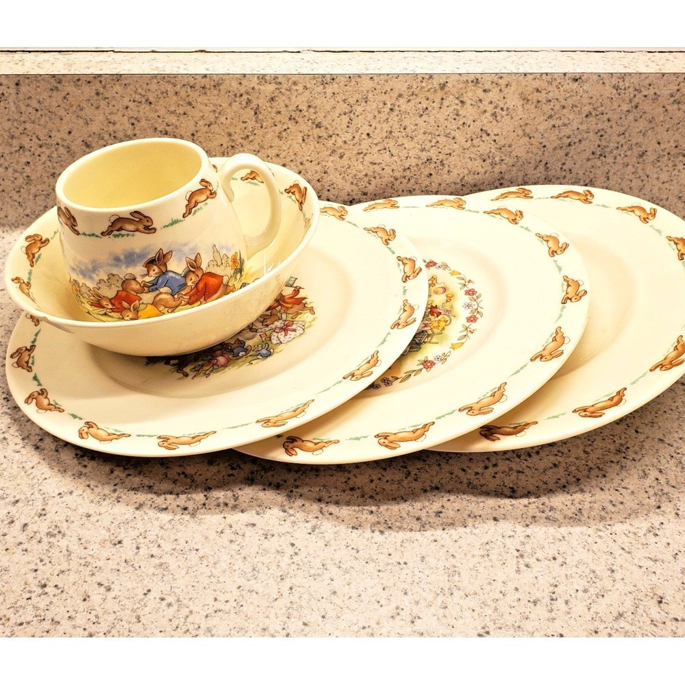 5 PC Vtg Royal Doulton Child's Bunnykins 3 Plates Birthday Spaceship TV Bowl Mug